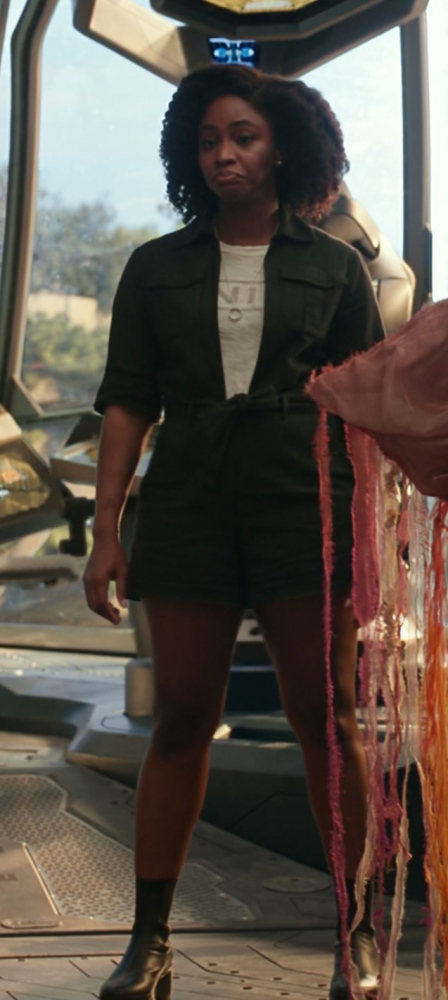 Military-Inspired Olive Green Utility Romper Worn by Teyonah Parris as Monica Rambeau