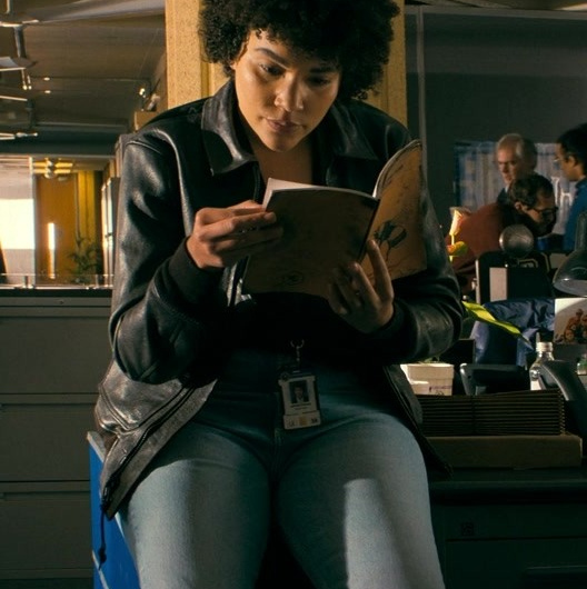 Black Leather Collar Bomber Jacket Worn by Emmy Raver-Lampman as Agent Verona Parker