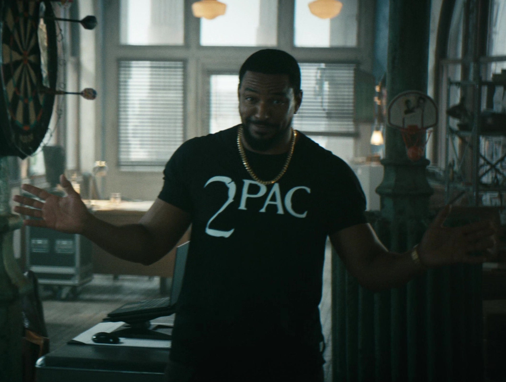Worn on The Boys TV Show - Tupac Shakur Logo Black T-Shirt Worn by Laz Alonso as Marvin T. "Mother's" Milk / M.M.