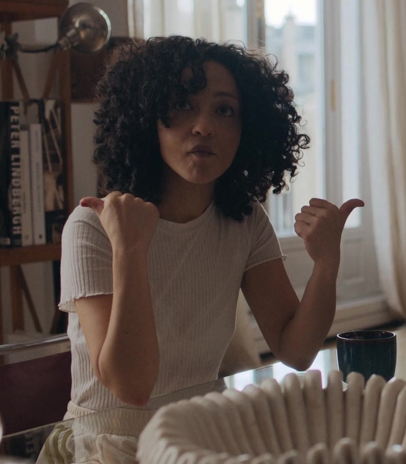 Short Sleeve Textured Top of Ruth Negga as Sophie from Good Grief (2023) Movie