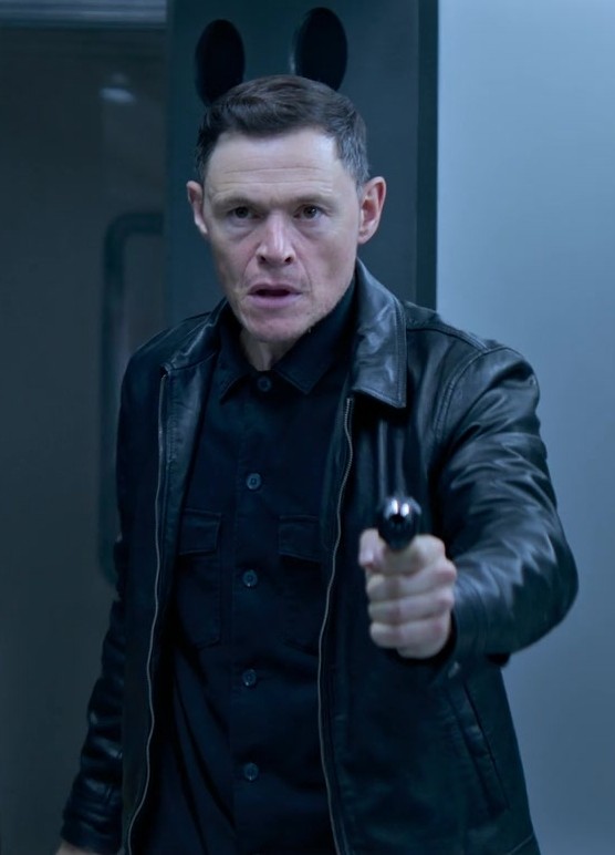 black leather jacket - Burn Gorman (Cormac) - Lift (2024) Movie