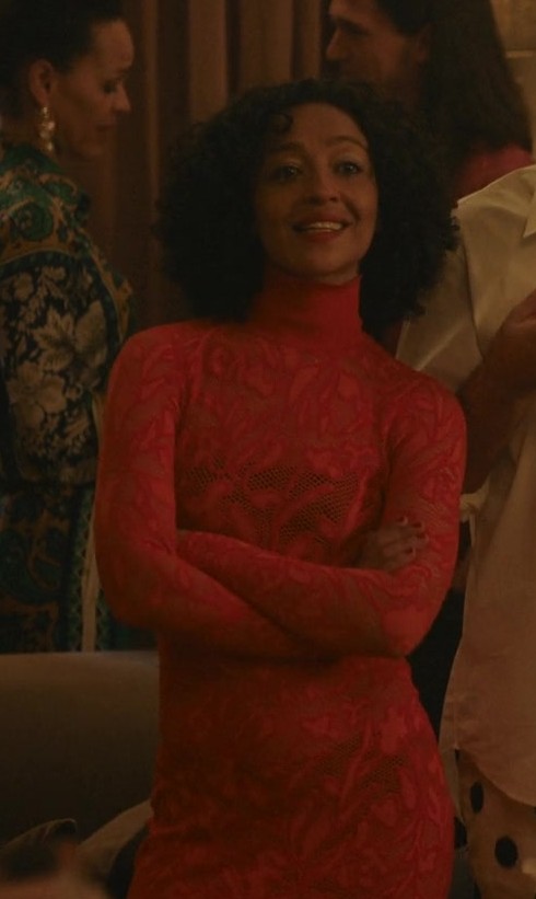Red Lace Long Sleeve Dress Worn by Ruth Negga as Sophie from Good Grief (2023) Movie