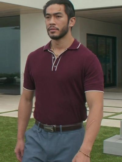Burgundy Short Sleeve Slim Fit Polo Shirt Worn by Justin Chien as Charles Sun