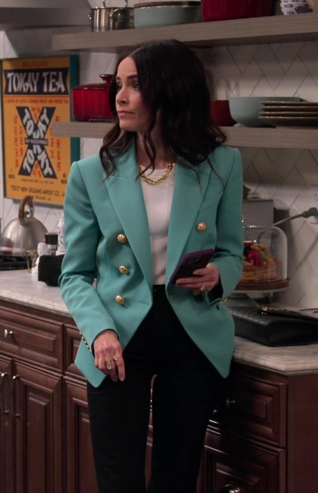 Turquoise Tailored Blazer with Gold Button Detail Worn by Abigail Spencer as Julia Mariano
