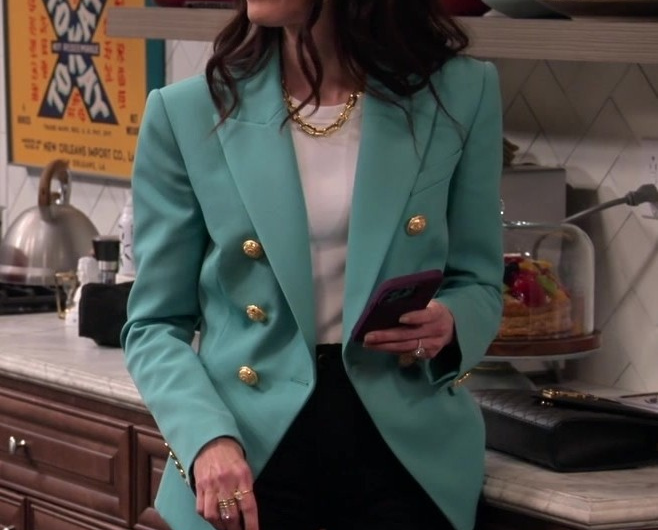 Turquoise Tailored Blazer with Gold Button Detail Worn by Abigail Spencer as Julia Mariano