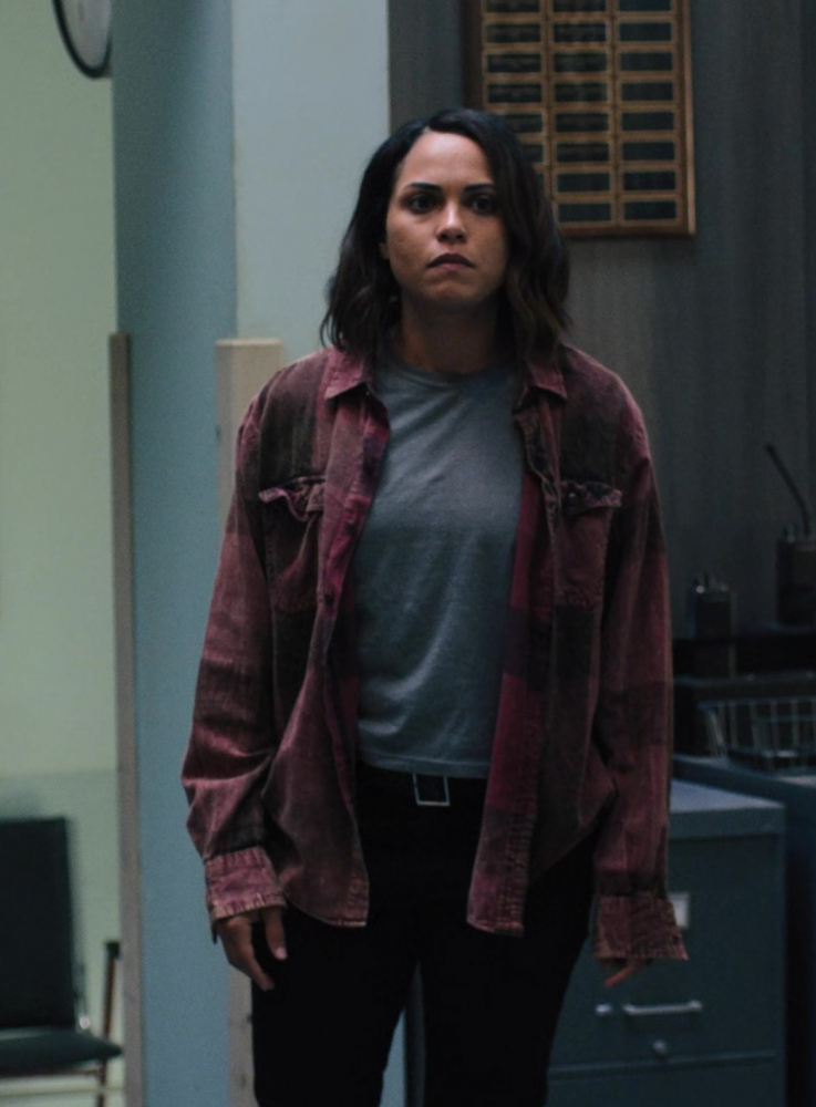 distressed flannel shirt - Monica Raymund (Jackie Quiñones) - Hightown TV Show