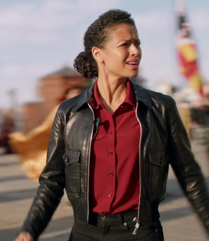 Black Leather Zip-Up Jacket Worn by Gugu Mbatha-Raw as Abby from Lift (2024) Movie
