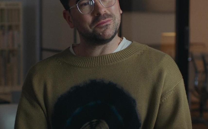 Olive Crewneck Knit Sweater with Ink Blot Design Worn by Daniel Levy as Marc