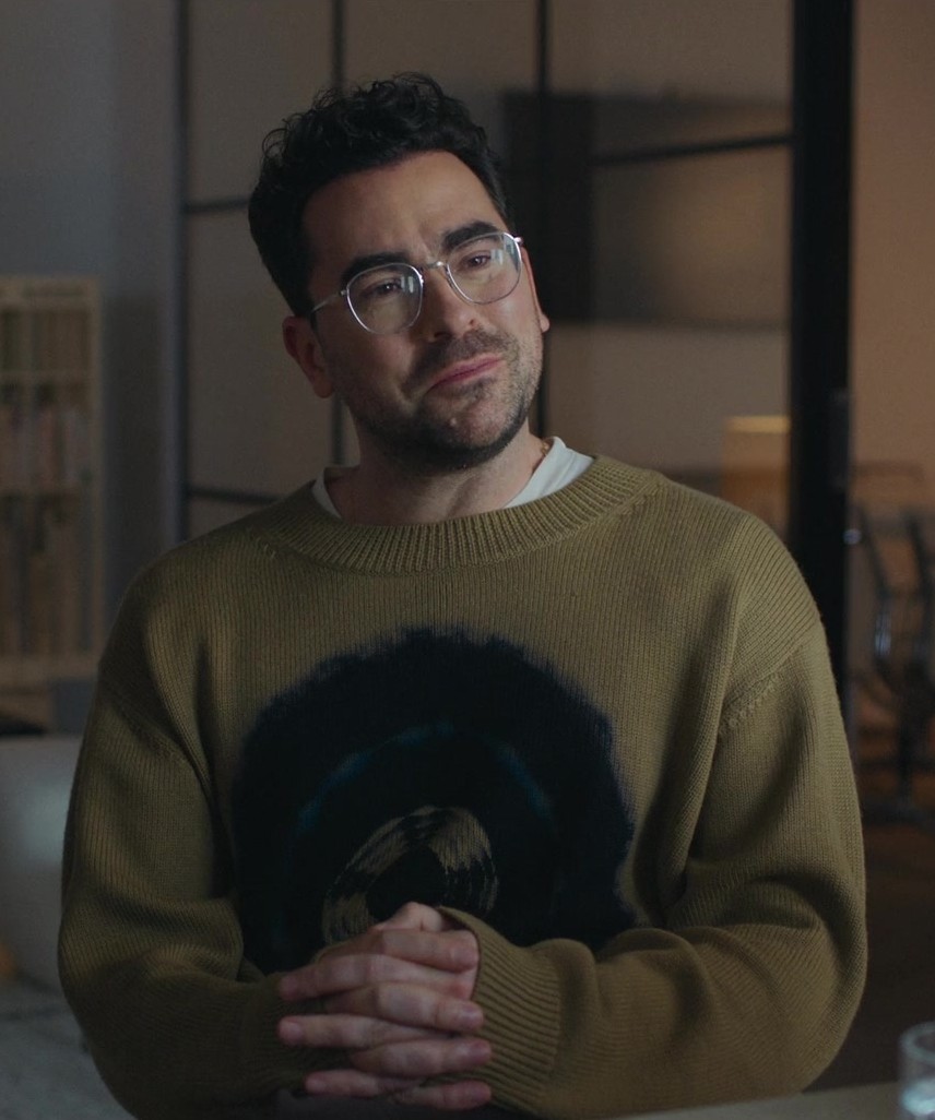 Worn on Good Grief (2023) Movie - Olive Crewneck Knit Sweater with Ink Blot Design Worn by Daniel Levy as Marc