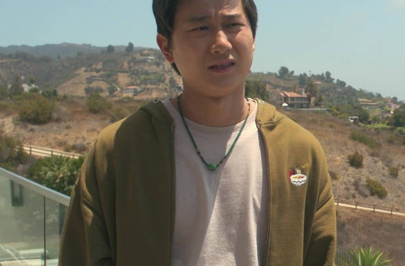 Olive Zip-Up Hoodie with Noodle Bowl Logo Worn by Sam Song Li as Bruce Sun