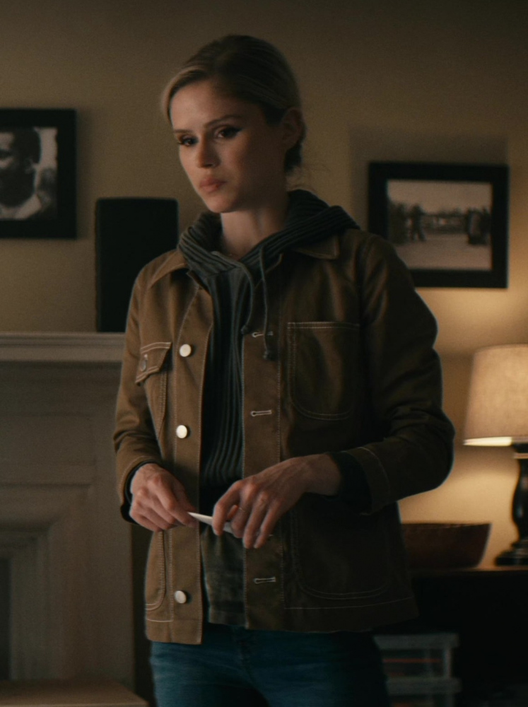 Olive Green Military Jacket with High Collar and Front Pockets Worn by Erin Moriarty as Annie January / Starlight