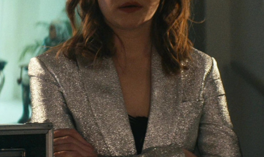 Glittering Silver Blazer with Notched Lapel Worn by Colby Minifie as Ashley Barrett