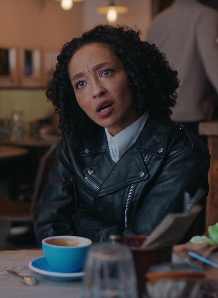 Black Faux Leather Biker Jacket Worn by Ruth Negga as Sophie from Good Grief (2023) Movie
