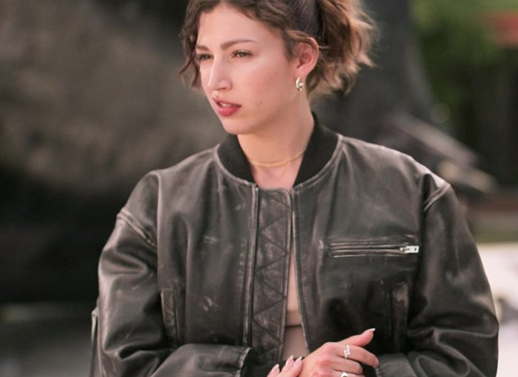 Black Distressed Leather Bomber Jacket Worn by Úrsula Corberó as Camila