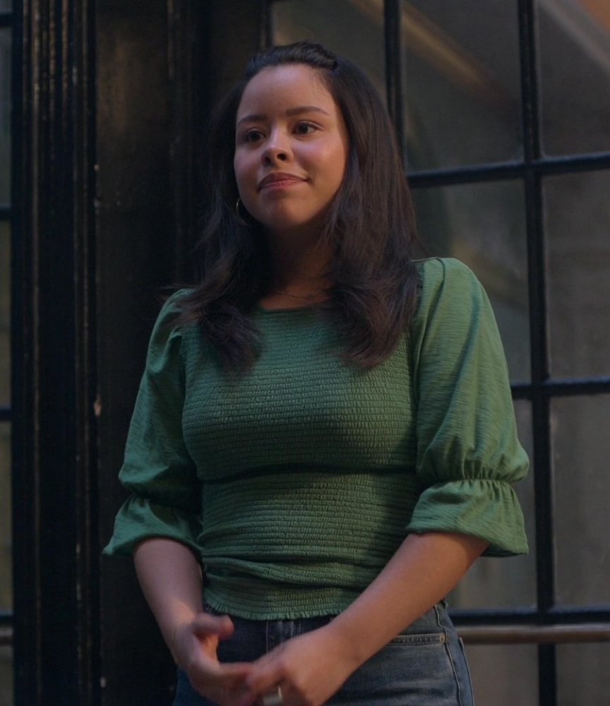 Olive Green Textured Top with Ruffle Sleeve Detail Worn by Cierra Ramirez as Mariana Adams Foster from Good Trouble TV Show