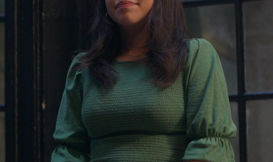 Olive Green Textured Top with Ruffle Sleeve Detail Worn by Cierra Ramirez as Mariana Adams Foster