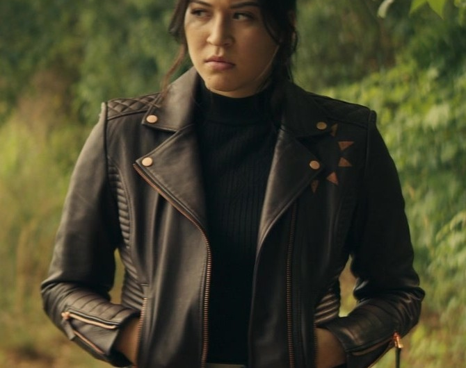 Faux Leather Motorcycle Jacket with Unique Triangle Print Worn by Alaqua Cox as Maya Lopez