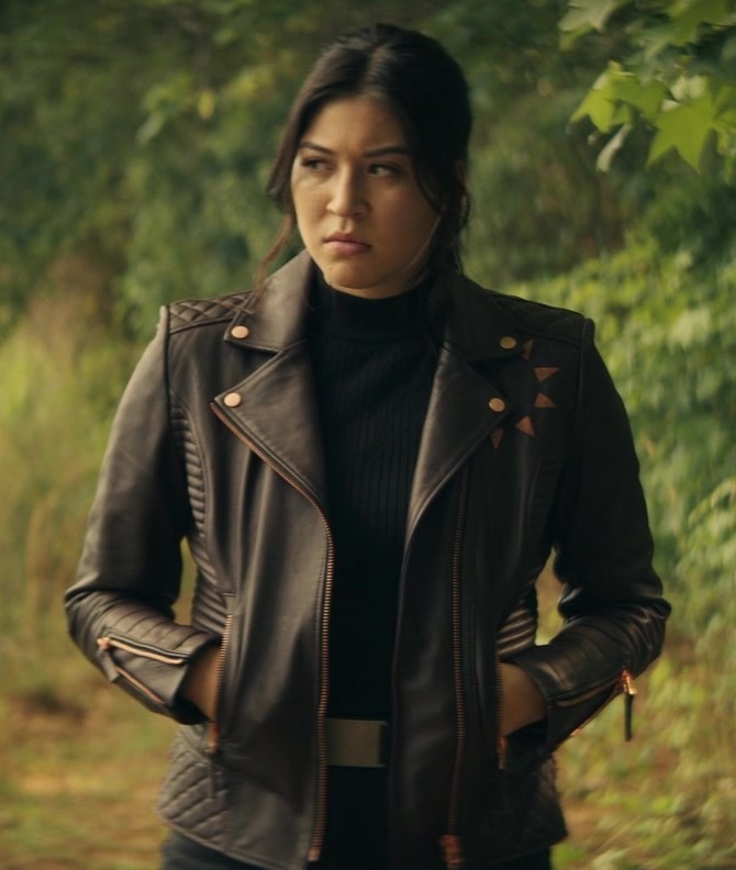 Faux Leather Motorcycle Jacket with Unique Triangle Print Worn by Alaqua Cox as Maya Lopez from Echo TV Show