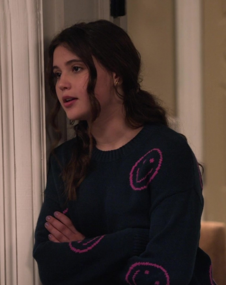 Navy Blue Smiley Face Crewneck Sweater Worn by Sofia Capanna as Grace from Extended Family TV Show