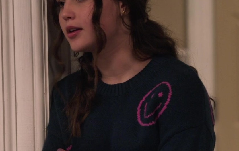 Navy Blue Smiley Face Crewneck Sweater Worn by Sofia Capanna as Grace