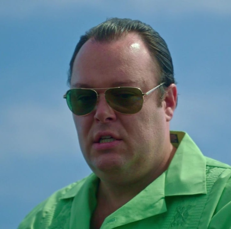 Gold Frame Aviator Sunglasses with Green Lenses Worn by Michael Gladis as Keith Trubitsky from Death and Other Details TV Show