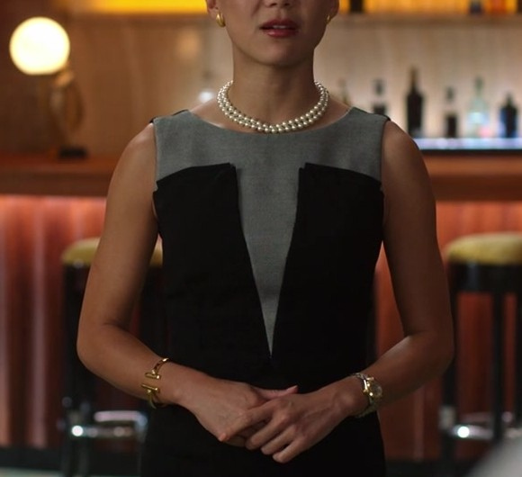 Sleek Grey and Black Duo-Tone Pencil Dress Worn by Angela Zhou as Teddy Goh