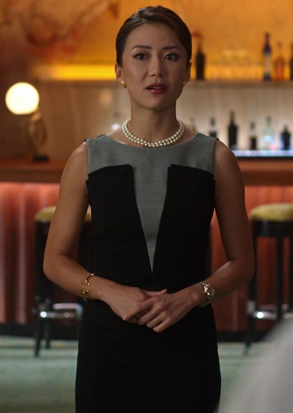 Sleek Grey and Black Duo-Tone Pencil Dress Worn by Angela Zhou as Teddy Goh from Death and Other Details TV Show