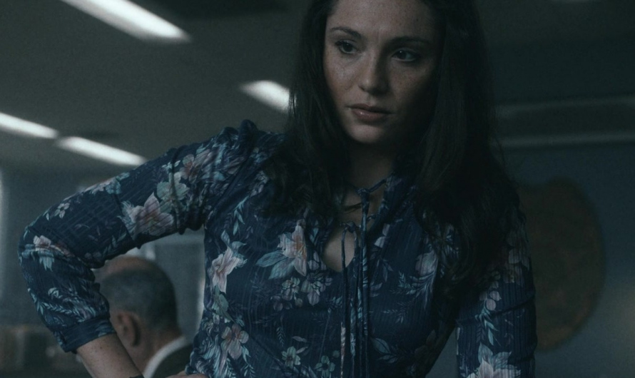 Navy Floral Lace-Up Blouse Worn by Juliana Aidén Martinez as June Hawkins