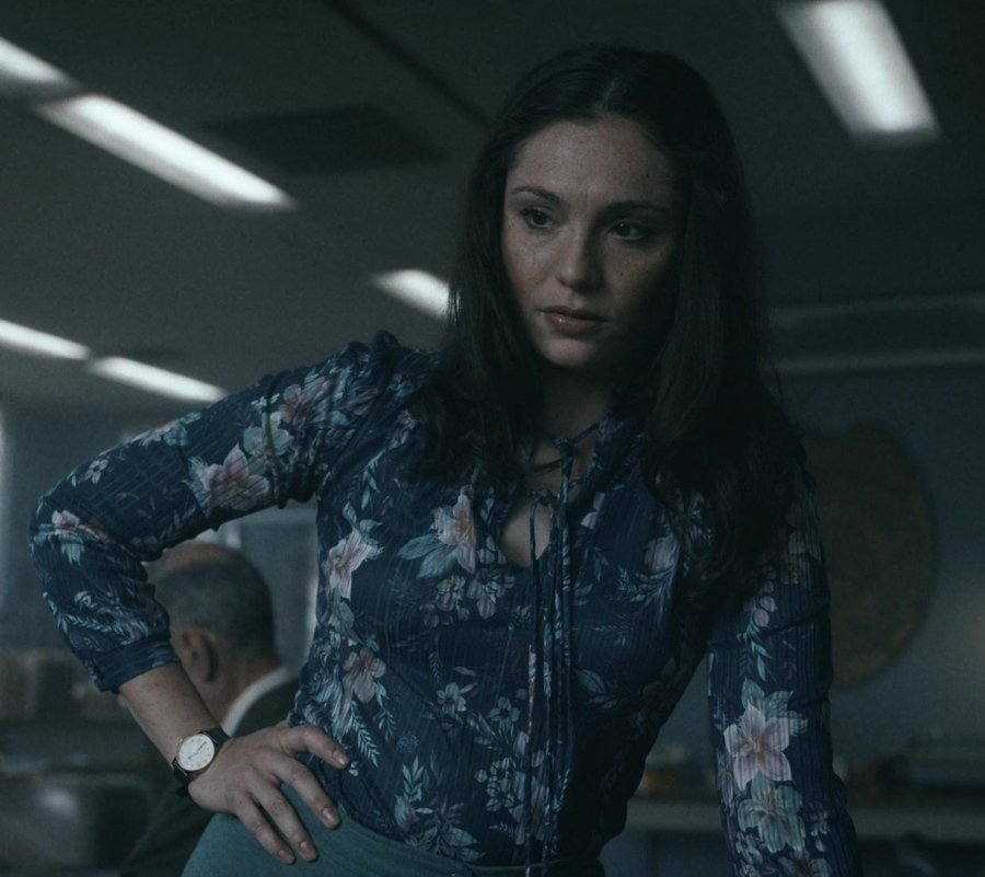 Navy Floral Lace-Up Blouse Worn by Juliana Aidén Martinez as June Hawkins