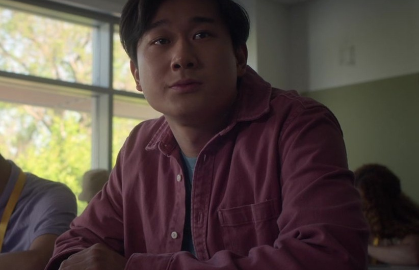 Rose Pink Corduroy Button-Up Shirt of Sam Song Li as Bruce Sun
