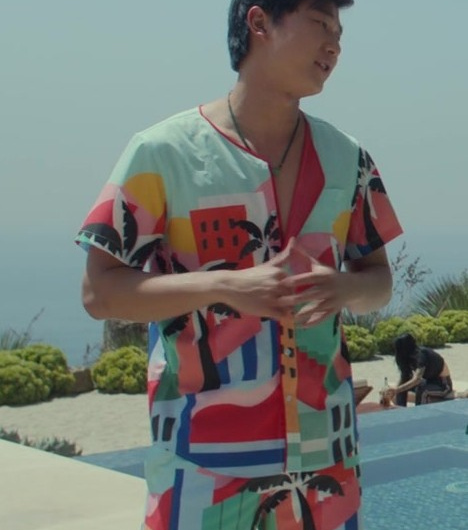 Bold Graphic House and Palm Print Shirt and Shorts Set Worn by Sam Song Li as Bruce Sun