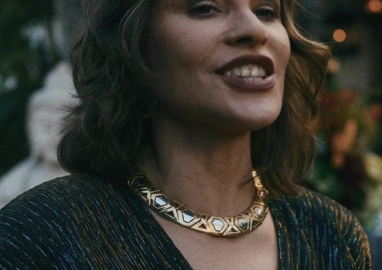 Gold Statement Necklace with Geometric Design Worn by Sofía Vergara as Griselda Blanco