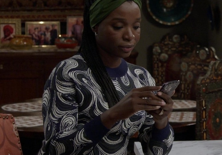 Dark Emerald Multi Crew Neck Sweater with Ribbed Trim Worn by Folake Olowofoyeku as Abishola