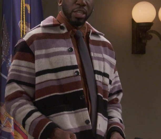 Striped Brushed Wool Shirt Jacket Worn by Nyambi Nyambi as Wyatt Shaw