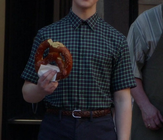 Green and Navy Checked Short-Sleeve Shirt Worn by Iain Armitage as Sheldon Lee Cooper