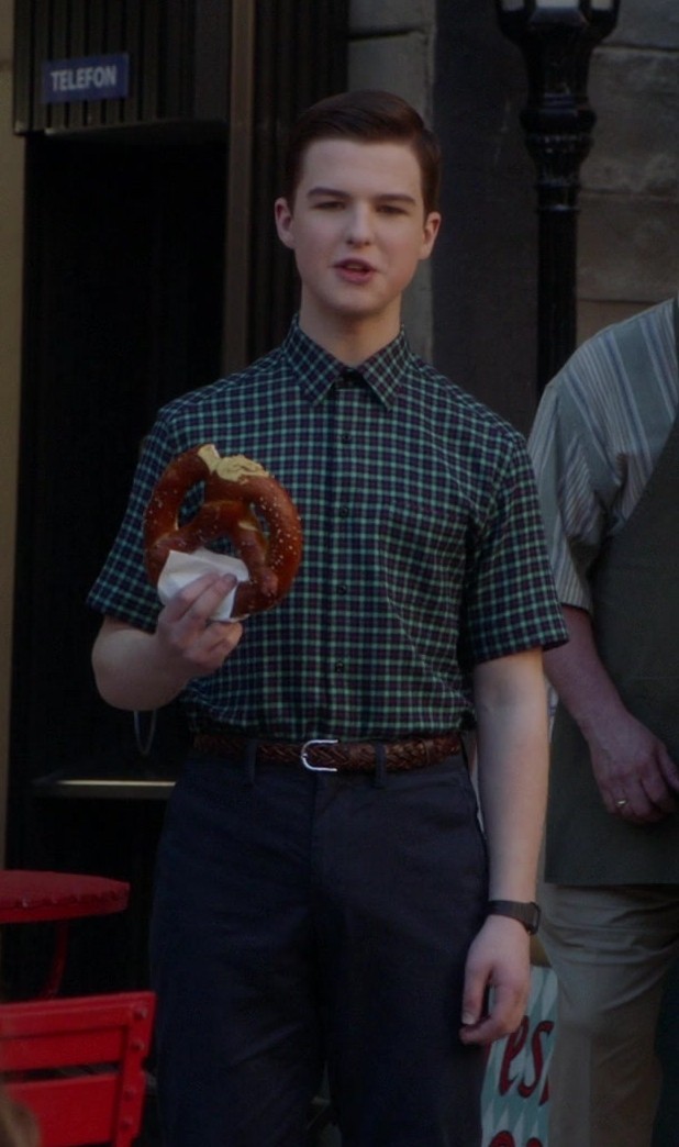 Green and Navy Checked Short-Sleeve Shirt Worn by Iain Armitage as Sheldon Lee Cooper