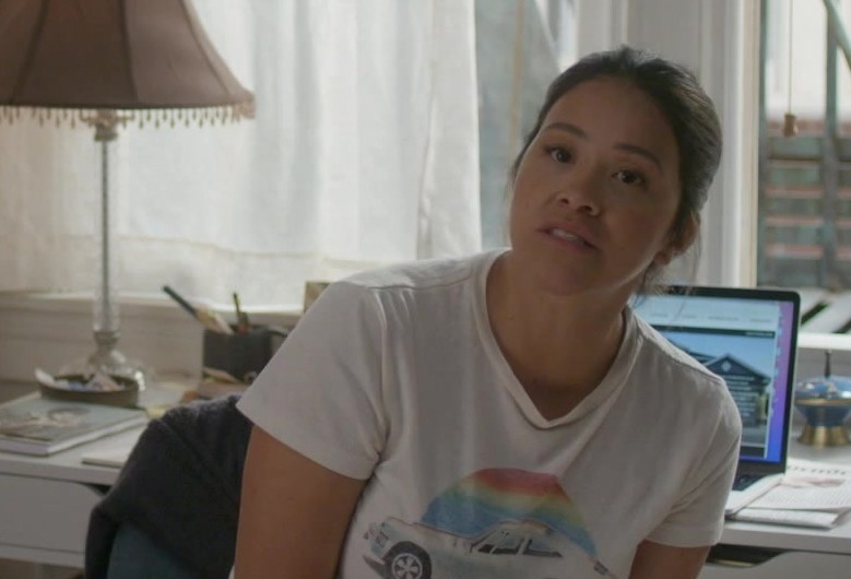 White T-Shirt Featuring Nostalgic Car Illustration Worn by Gina Rodriguez as Nell Serrano