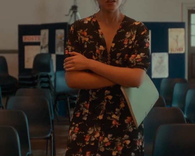 Black Floral Midi Dress of Ambika Mod as Emma Morley