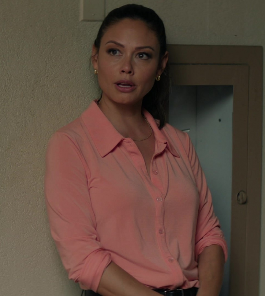 Coral Pink Silk Blend Button-Down Shirt of Vanessa Lachey as Jane Tennant from NCIS: Hawai'i TV Show