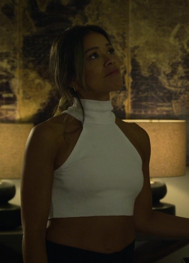high neck white ribbed knit halter crop top - Gina Rodriguez (Mack) - Players (2024) Movie