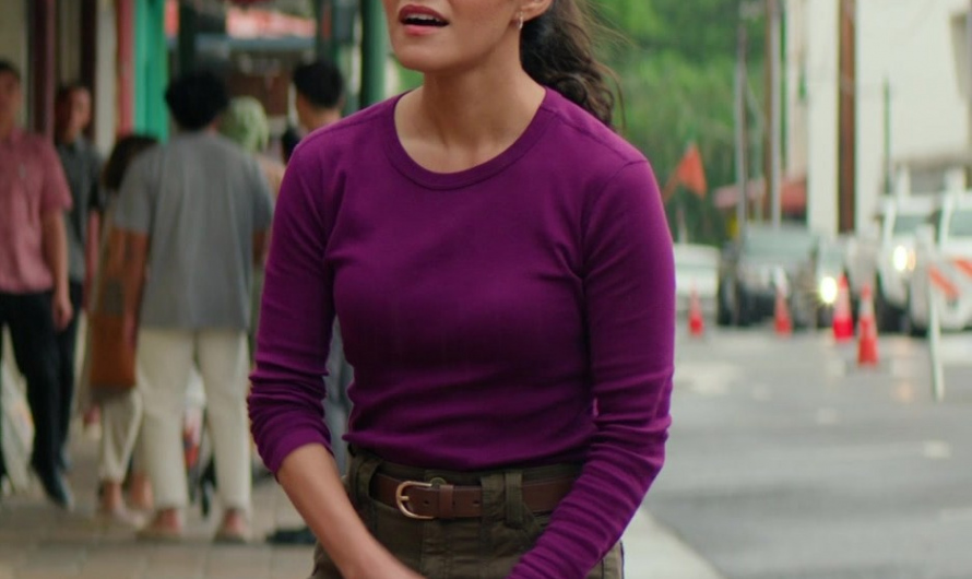 Fitted Purple Long-Sleeve Crew Neck Top Worn by Yasmine Al-Bustami as Lucy Tara