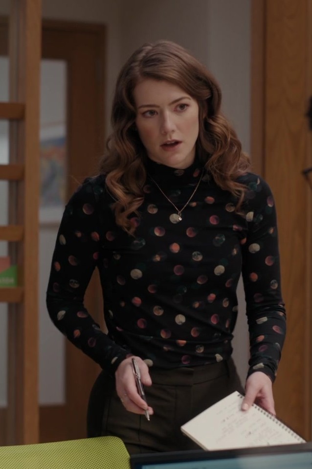 Worn on The Irrational TV Show - Long-Sleeve Planet Printed Slim Fit Turtleneck T-Shirt Worn by Molly Kunz as Phoebe