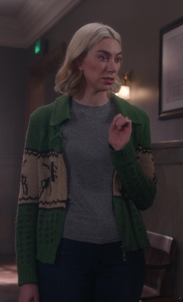Green and Beige Patterned Knit Cardigan with Ribbed Cuffs Worn by Madeline Wise as Allison