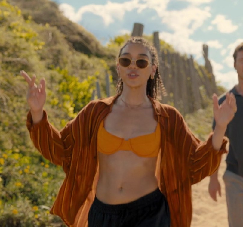 Rust Orange Striped Shirt of Alexandra Shipp as Claudia from Anyone But You (2023) Movie
