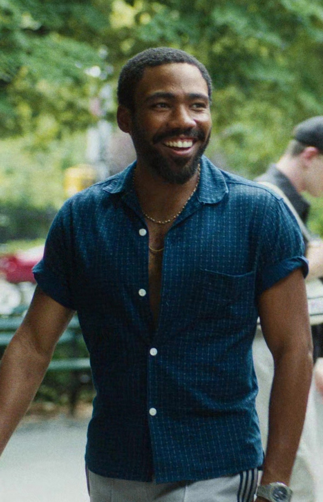 Navy Blue Patterned Shirt of Donald Glover as John Smith