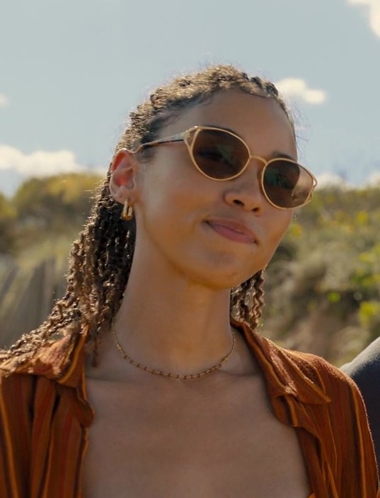 Golden Frame Sunglasses Worn by Alexandra Shipp as Claudia from Anyone But You (2023) Movie