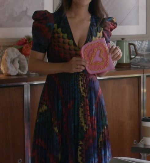 Pleated Puff-Sleeve High-Low Dress Worn by Hannah Simone as Sam