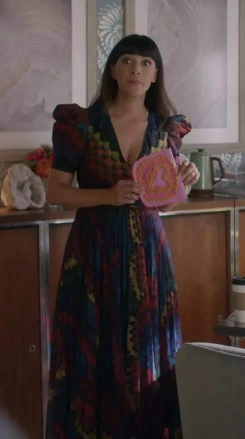Pleated Puff-Sleeve High-Low Dress Worn by Hannah Simone as Sam from Not Dead Yet TV Show