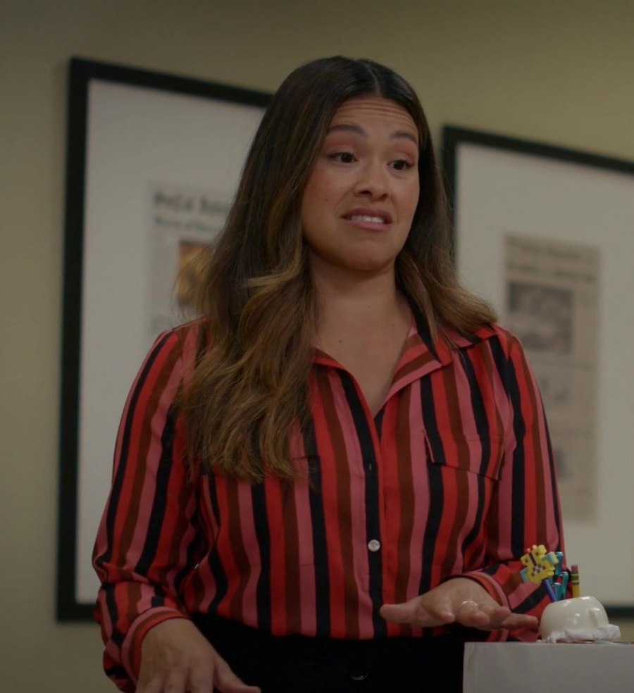 Bold Red and Black Striped Shirt Worn by Gina Rodriguez as Nell Serrano from Not Dead Yet TV Show