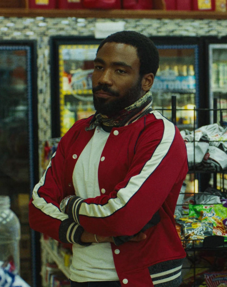 Red and White Varsity Jacket Worn by Donald Glover as John Smith from Mr. &amp; Mrs. Smith TV Show